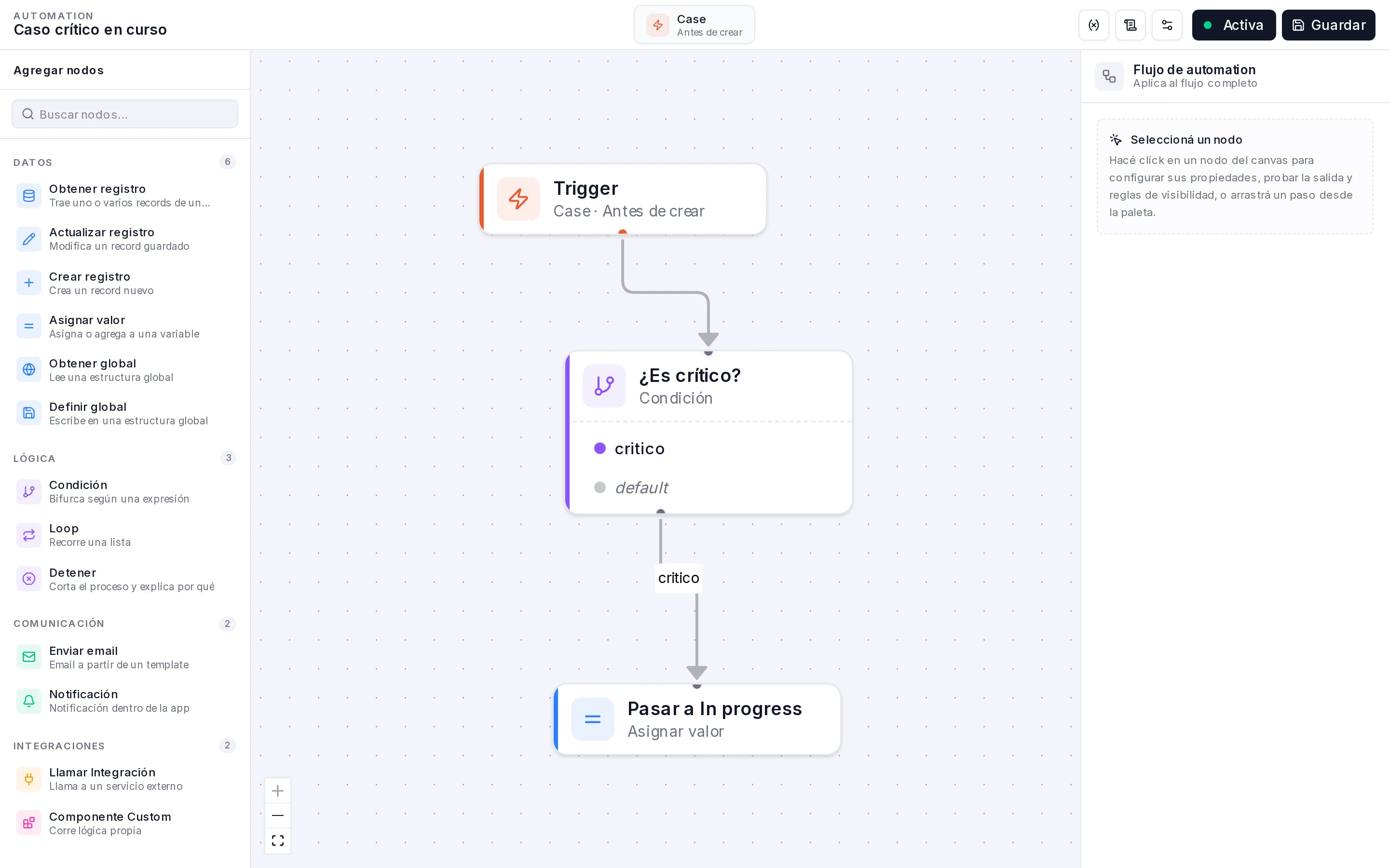 Flujo Caso crítico en curso: Trigger, condición ¿Es crítico? y Asignar valor Pasar a In progress conectado a la rama critico
