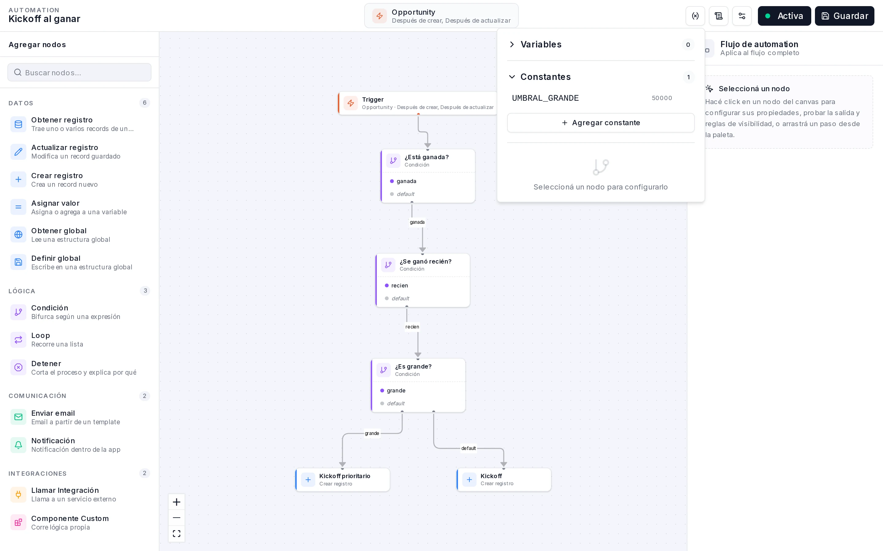 Panel de Variables del builder con la sección Constantes y UMBRAL_GRANDE con valor 50000