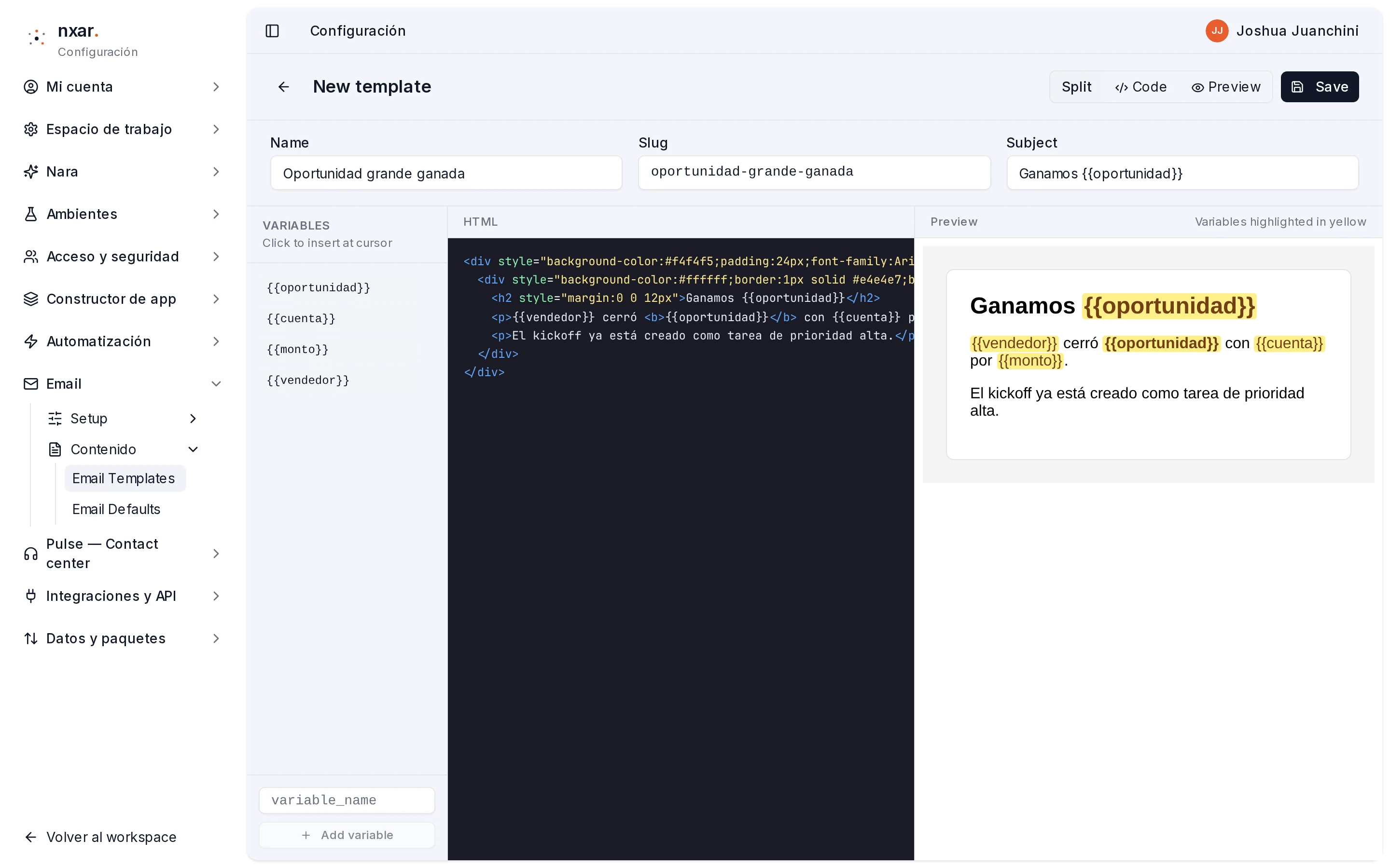 Editor de email templates con Name Oportunidad grande ganada, Subject Ganamos {{oportunidad}}, las cuatro variables en la columna Variables y el HTML con su vista previa