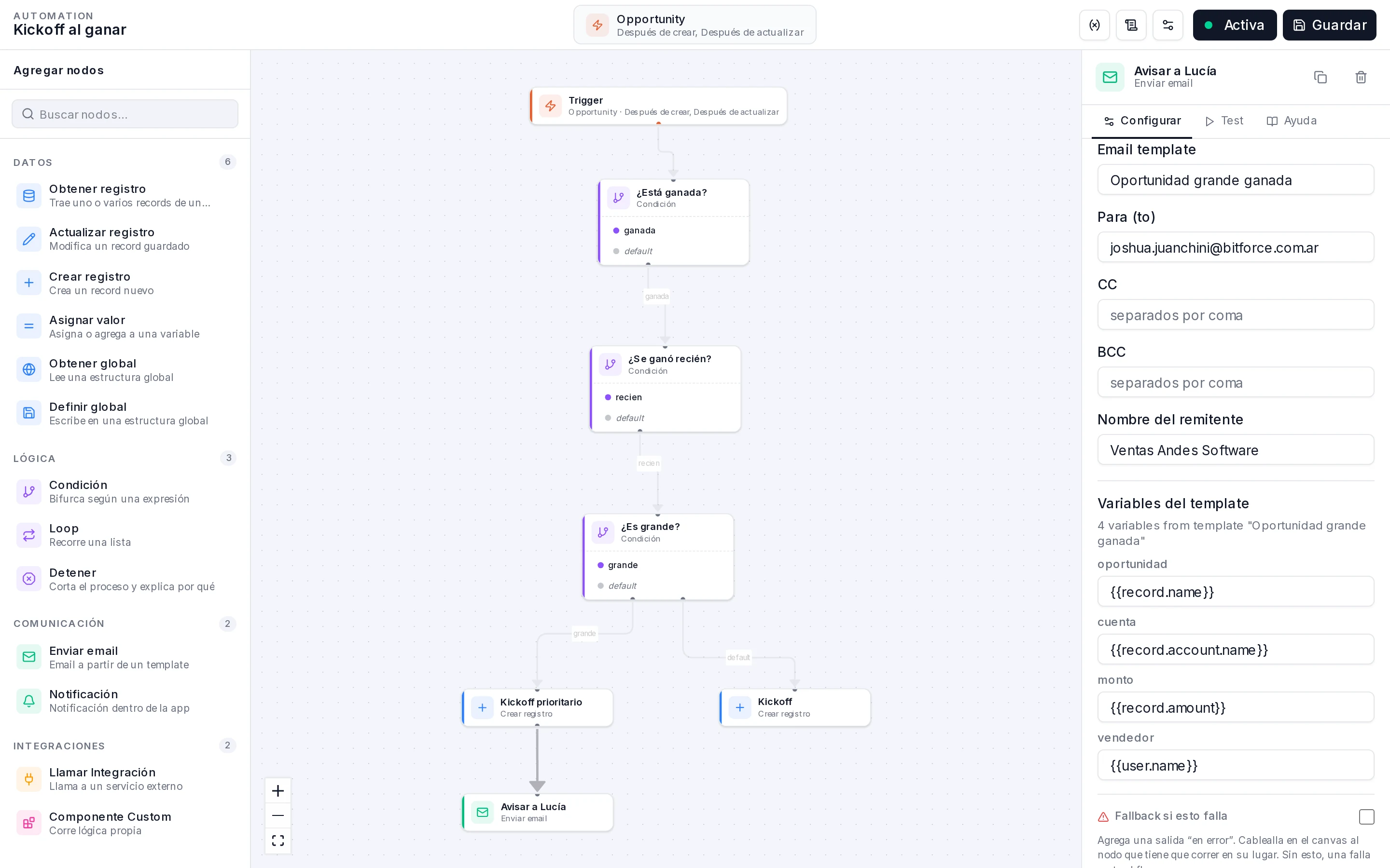 Inspector del nodo Avisar a Lucía con el template Oportunidad grande ganada, Para, Nombre del remitente y las cuatro variables del template completas