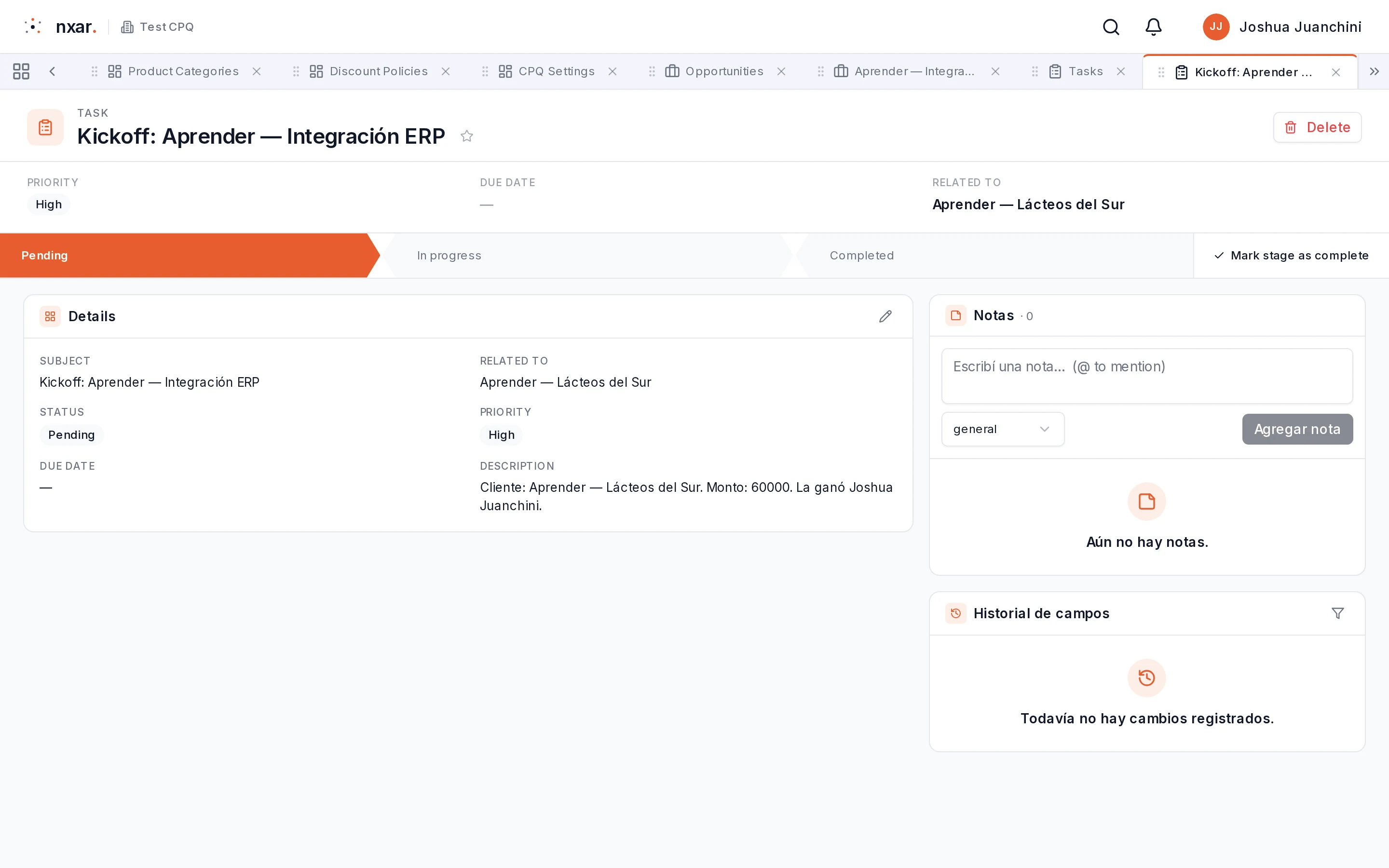 Página de la tarea Kickoff: Integración ERP con prioridad High y la descripción Cliente: Lácteos del Sur. Monto: 60000. La ganó y el nombre de quien la ganó