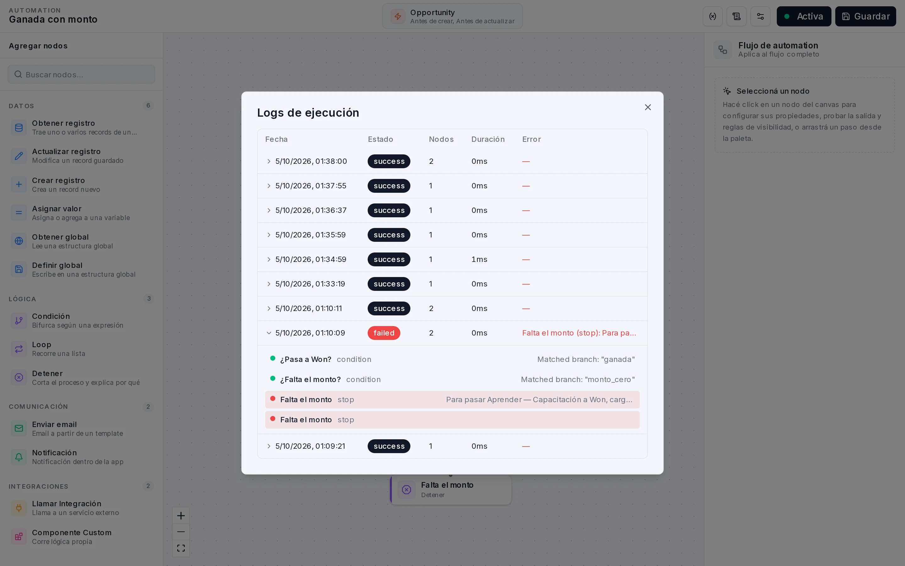 Logs de la automation Ganada con monto: una fila failed con el error Falta el monto (stop): Para pasar Capacitación a Won, cargá el monto (Amount)