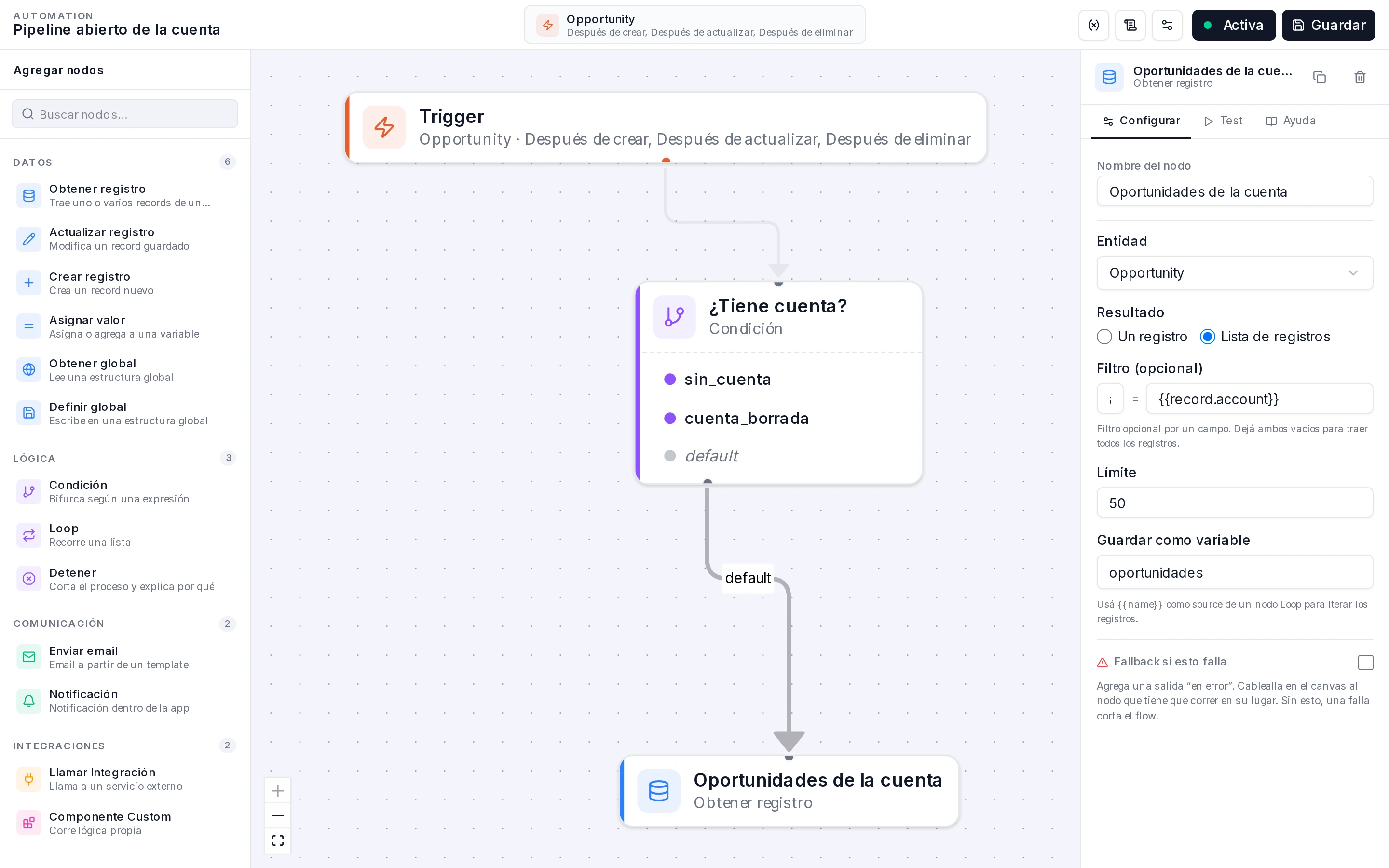 Inspector de Obtener registro en modo Lista de registros, entidad Opportunity, filtro account igual a {{record.account}} y Guardar como variable oportunidades