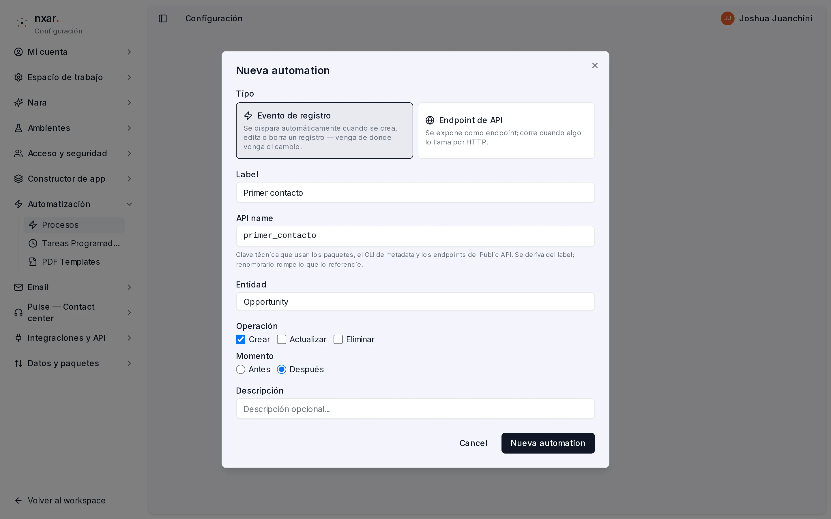 Diálogo Nueva automation completo: Evento de registro, Label Primer contacto, Entidad Opportunity, Operación Crear, Momento Después