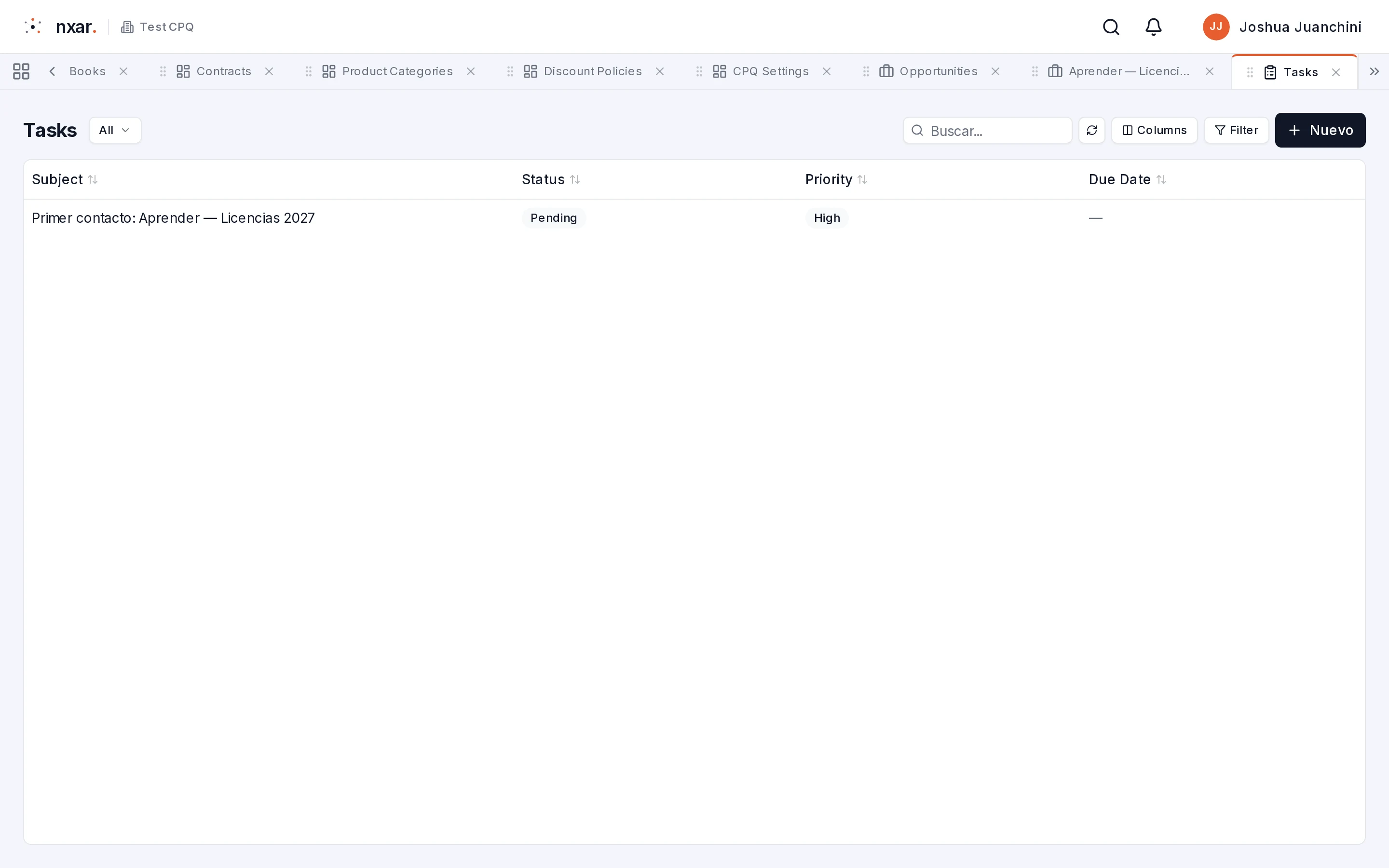 Lista de Tasks con la tarea Primer contacto: Licencias 2027