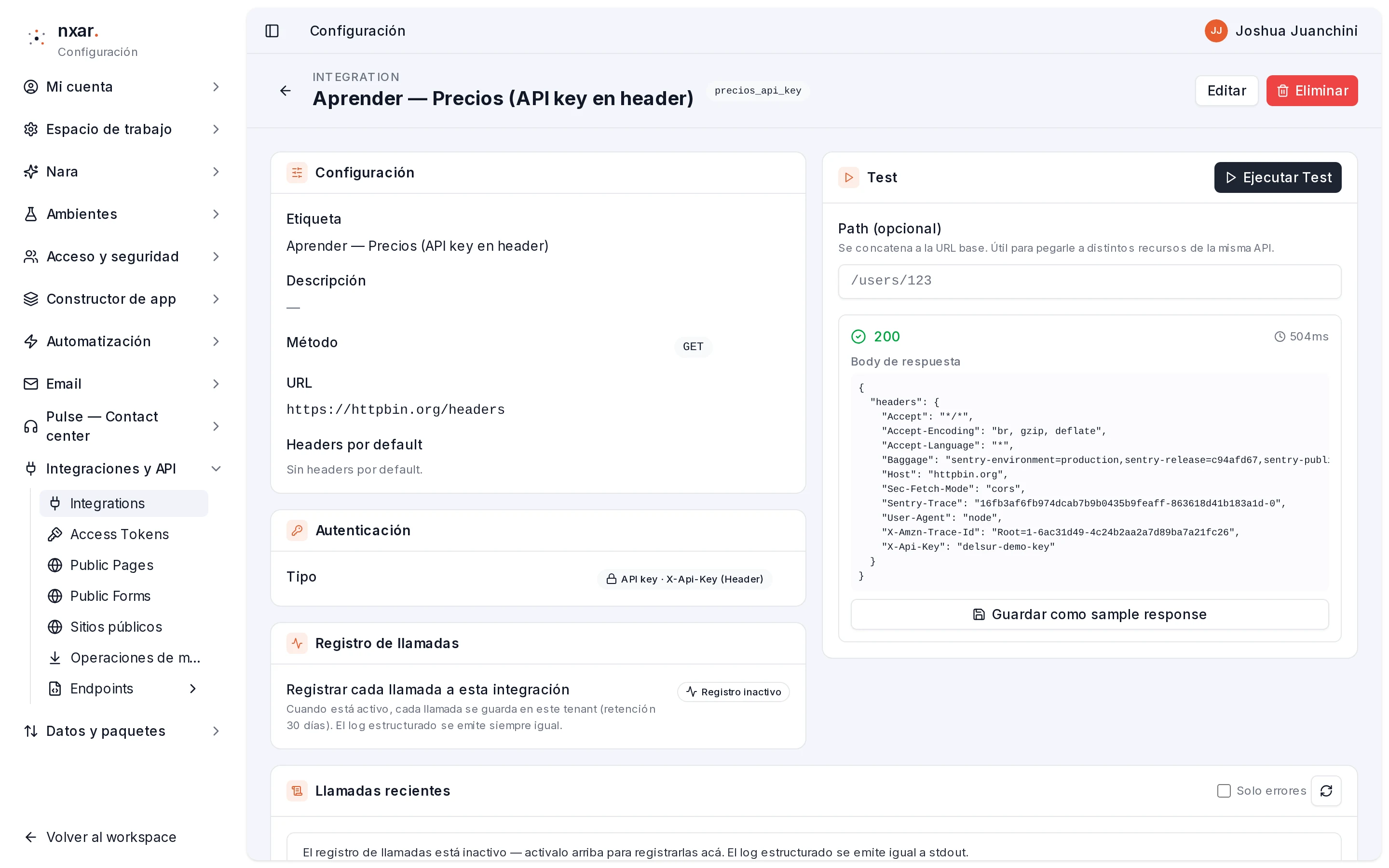 Test en 200 con la respuesta de httpbin mostrando el header X-Api-Key con la clave