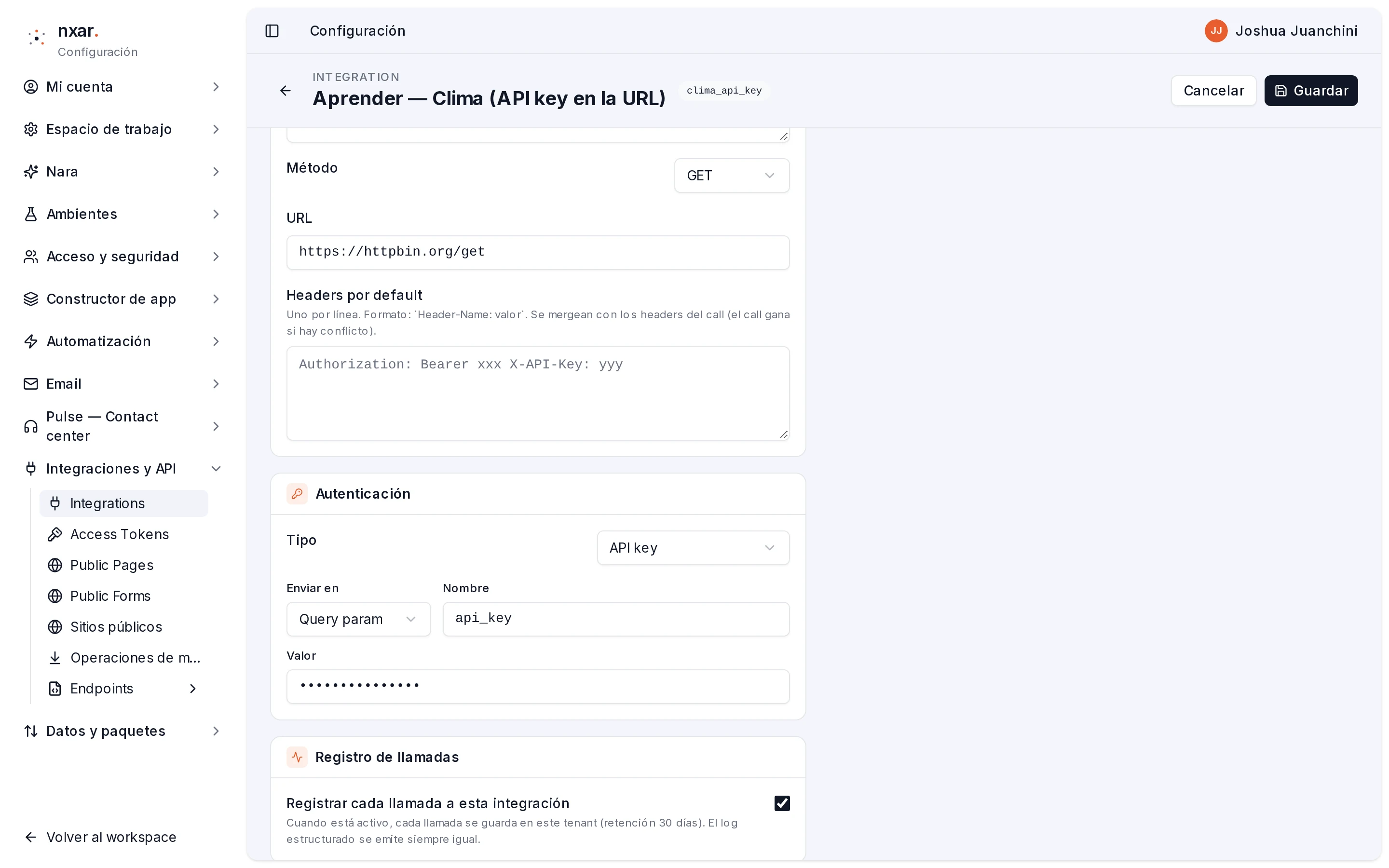 Bloque Autenticación con Tipo API key, Enviar en Query param y Nombre api_key