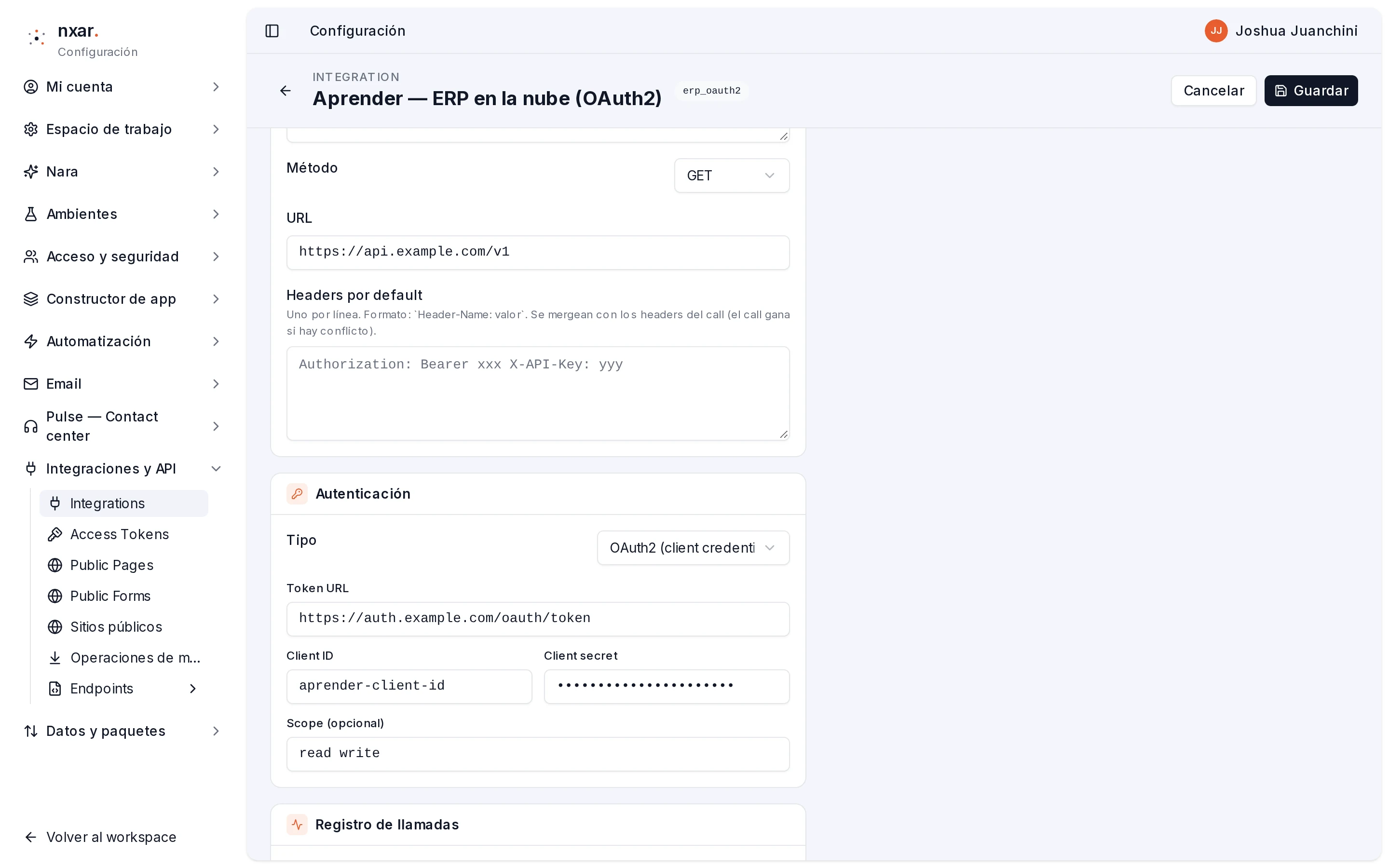 Bloque Autenticación con Tipo OAuth2 (client credentials) y los campos Token URL, Client ID, Client secret y Scope