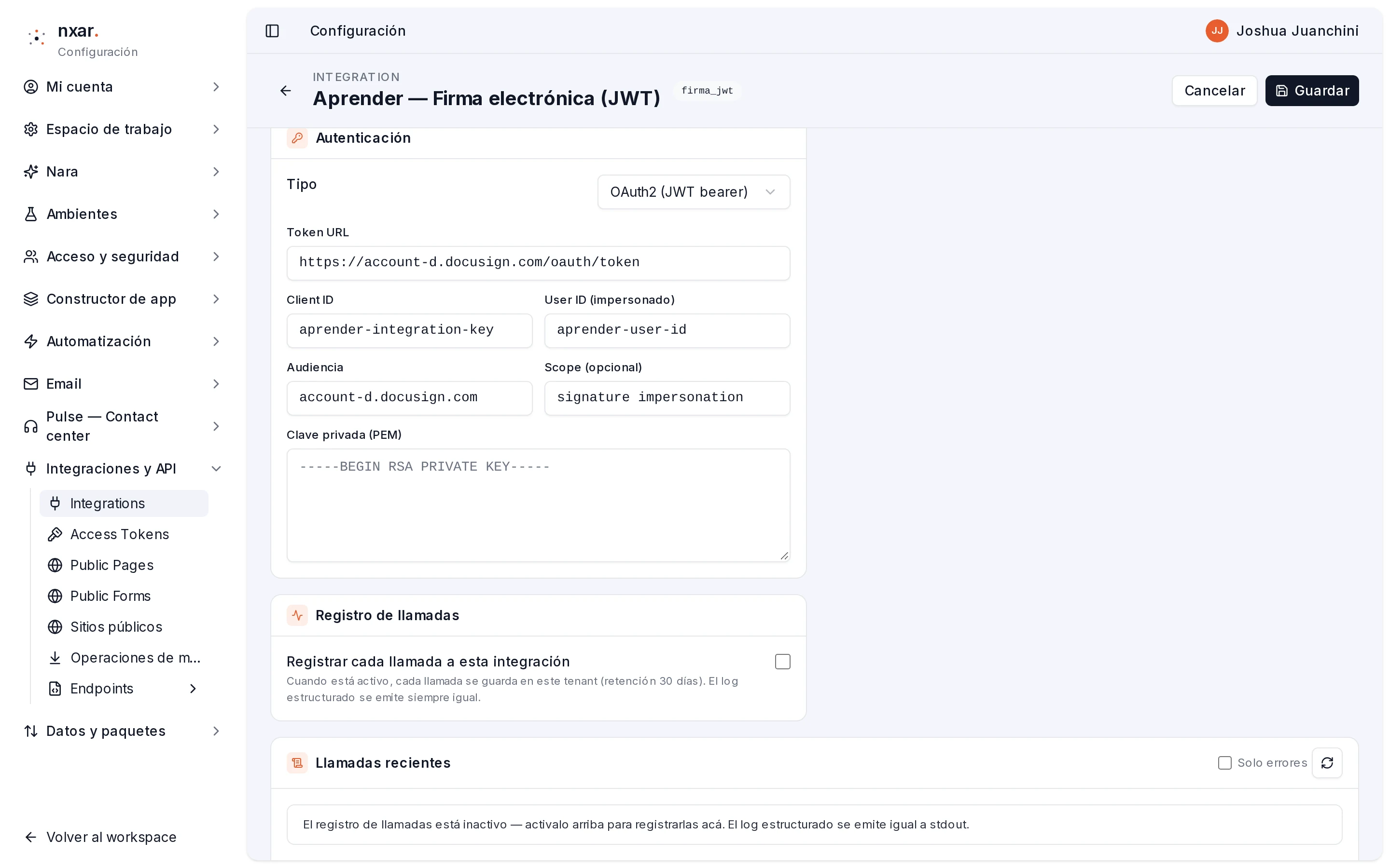 Bloque Autenticación con Tipo OAuth2 (JWT bearer) y los campos Token URL, Client ID, User ID, Audiencia, Scope y Clave privada