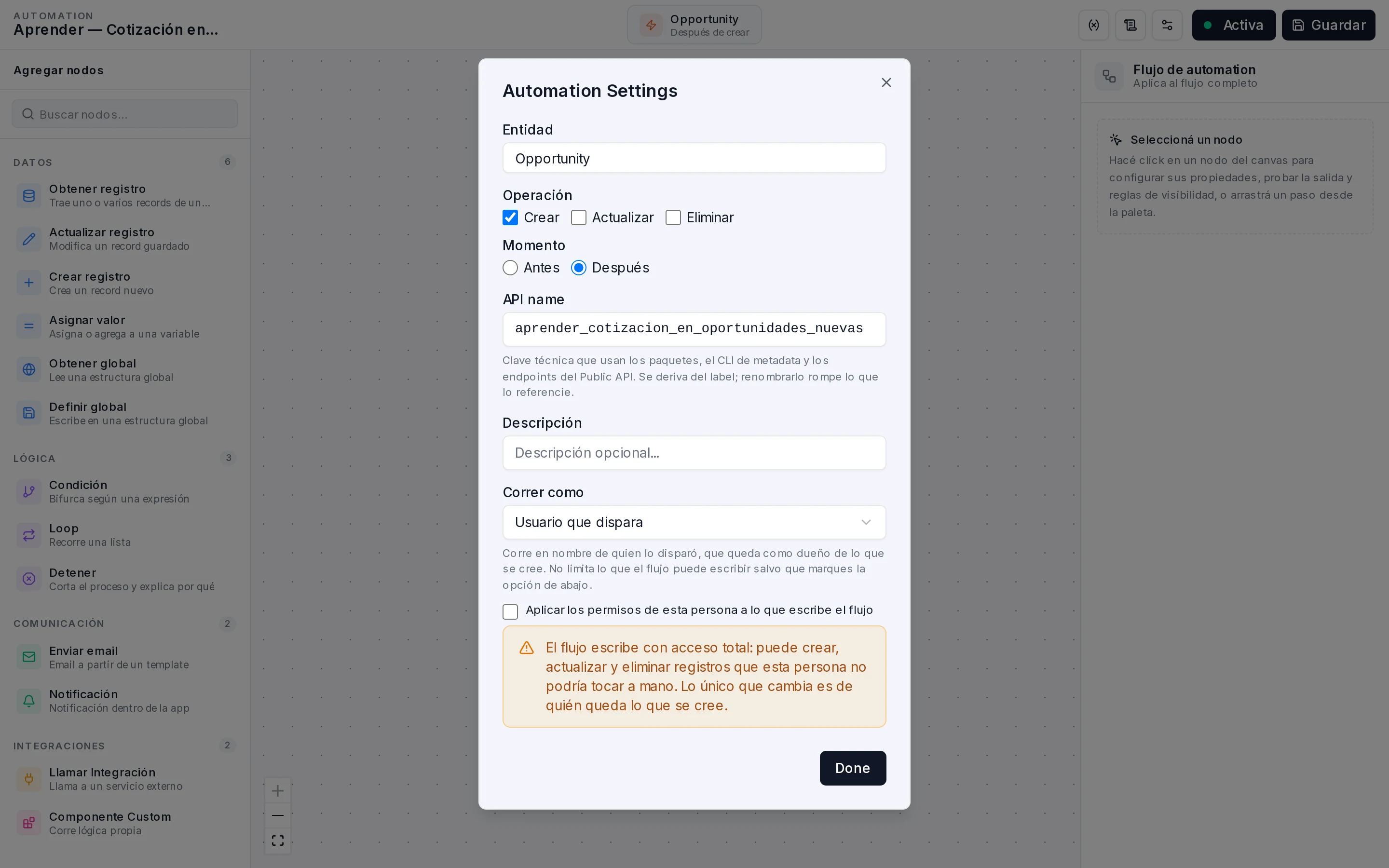 Diálogo de configuración de la automation con el selector Correr como en Usuario que dispara