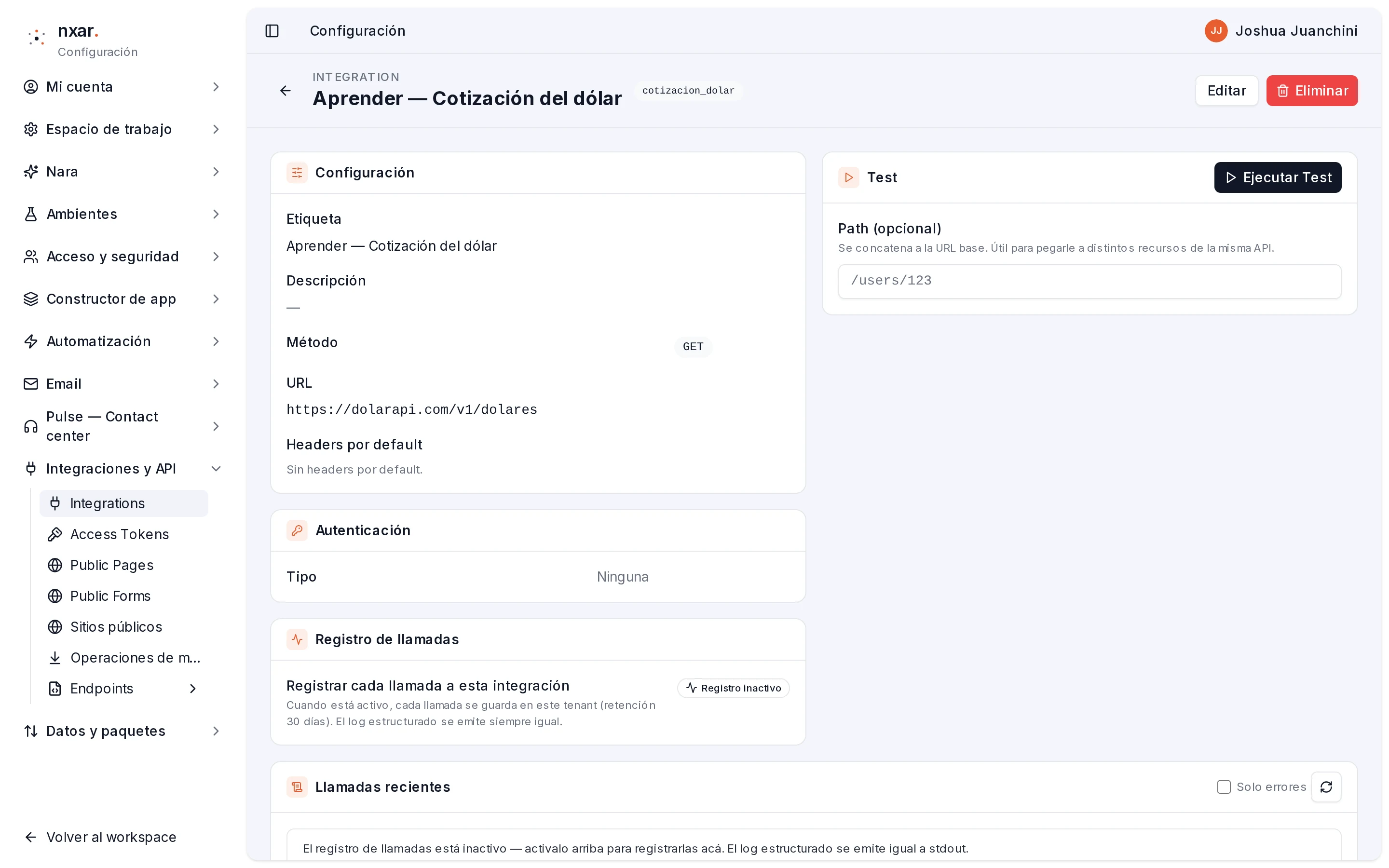 Ficha de la integración Cotización del dólar con los bloques Configuración, Autenticación, Registro de llamadas y Test