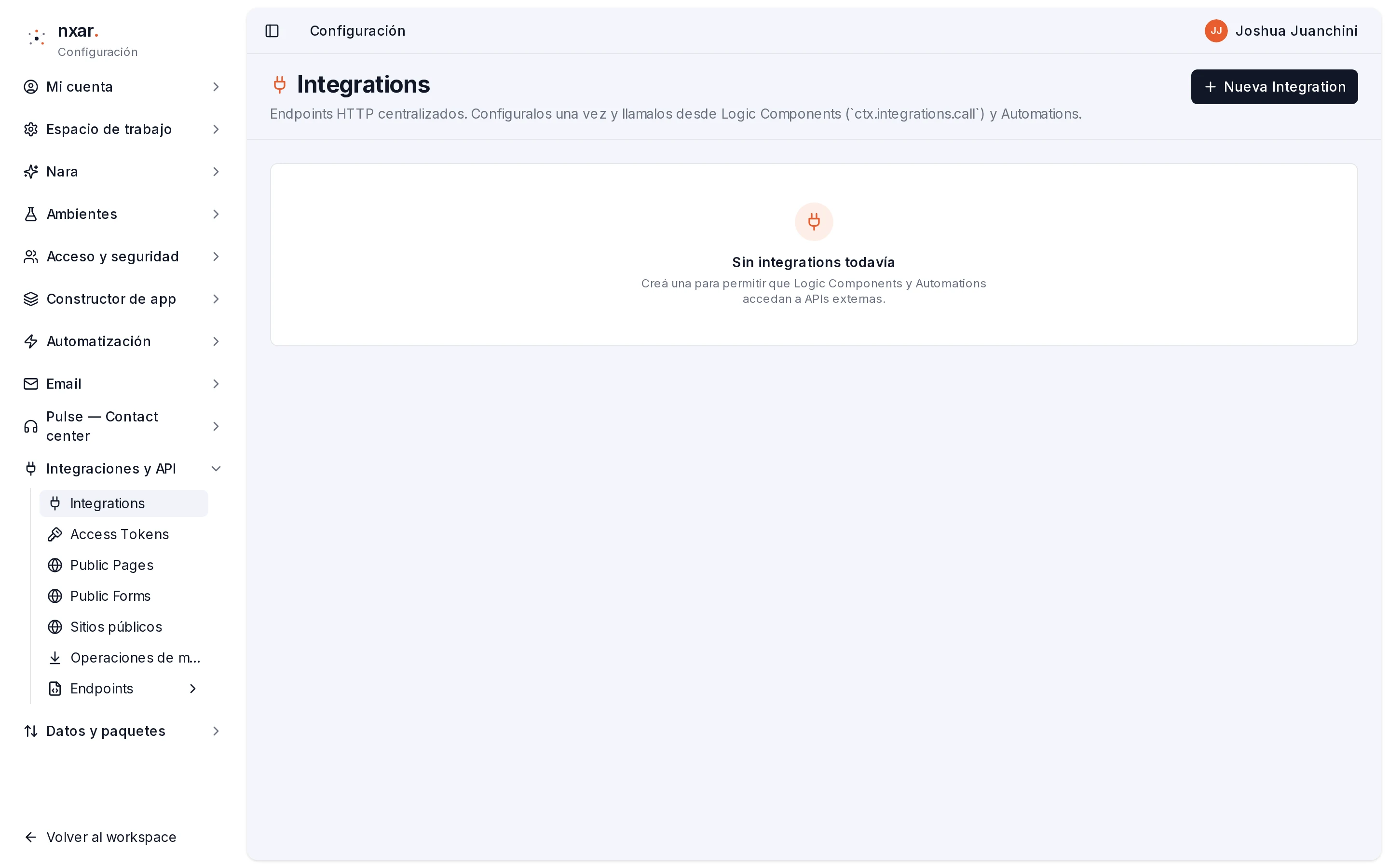Pantalla Integrations sin integraciones, con el botón Nueva Integration arriba a la derecha