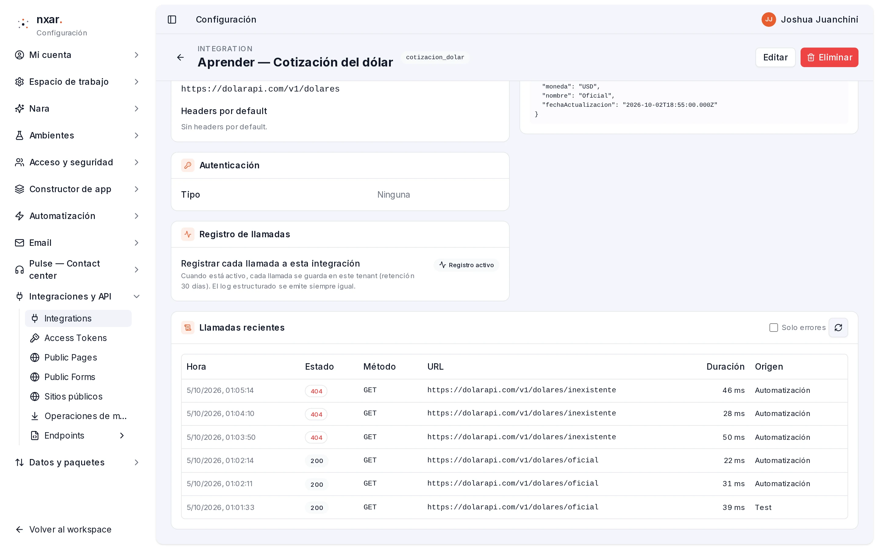 Tabla Llamadas recientes con llamadas GET 200 y una 404 de origen Automatización