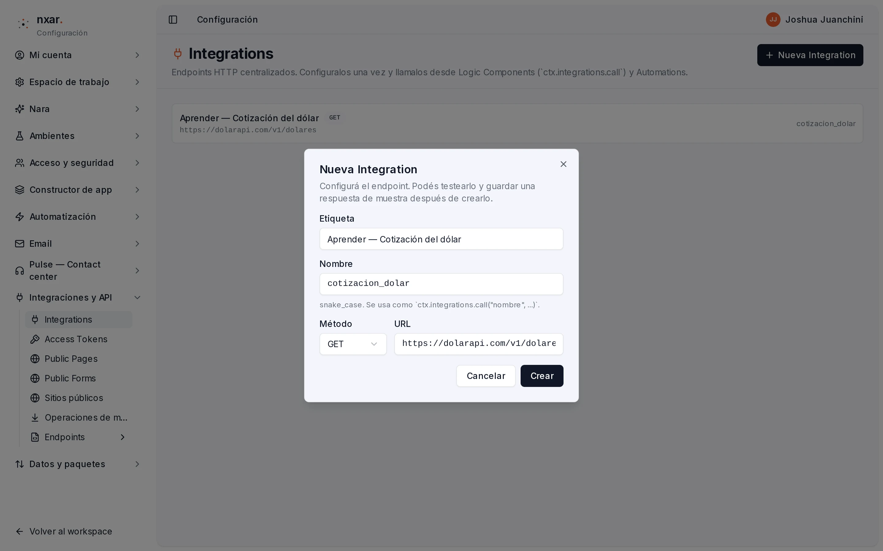 Diálogo Nueva Integration con Etiqueta, Nombre cotizacion_dolar, Método GET y la URL de DolarApi