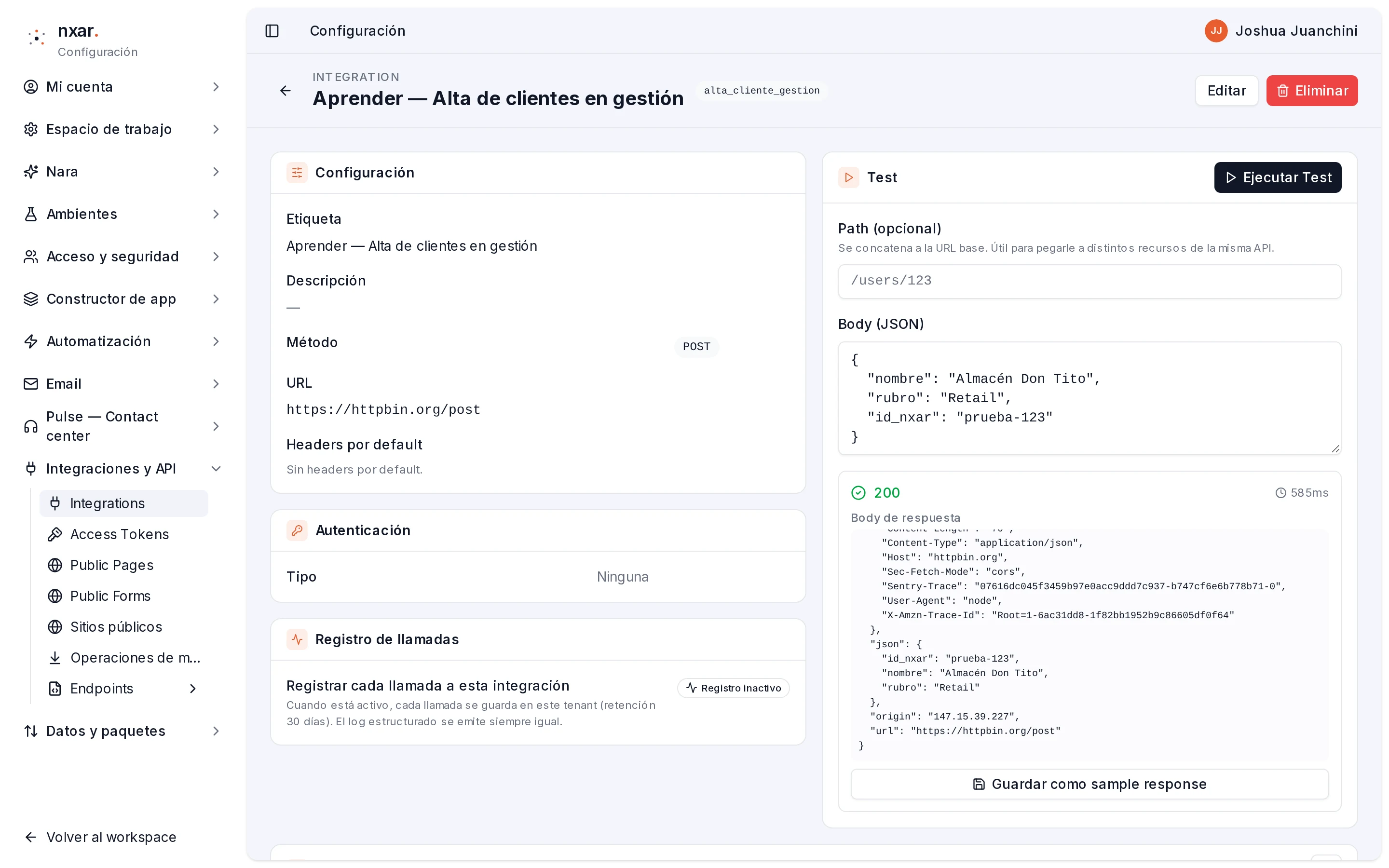 Bloque Test de la integración POST con el body de ejemplo y la respuesta de httpbin mostrando el mismo JSON en el campo json