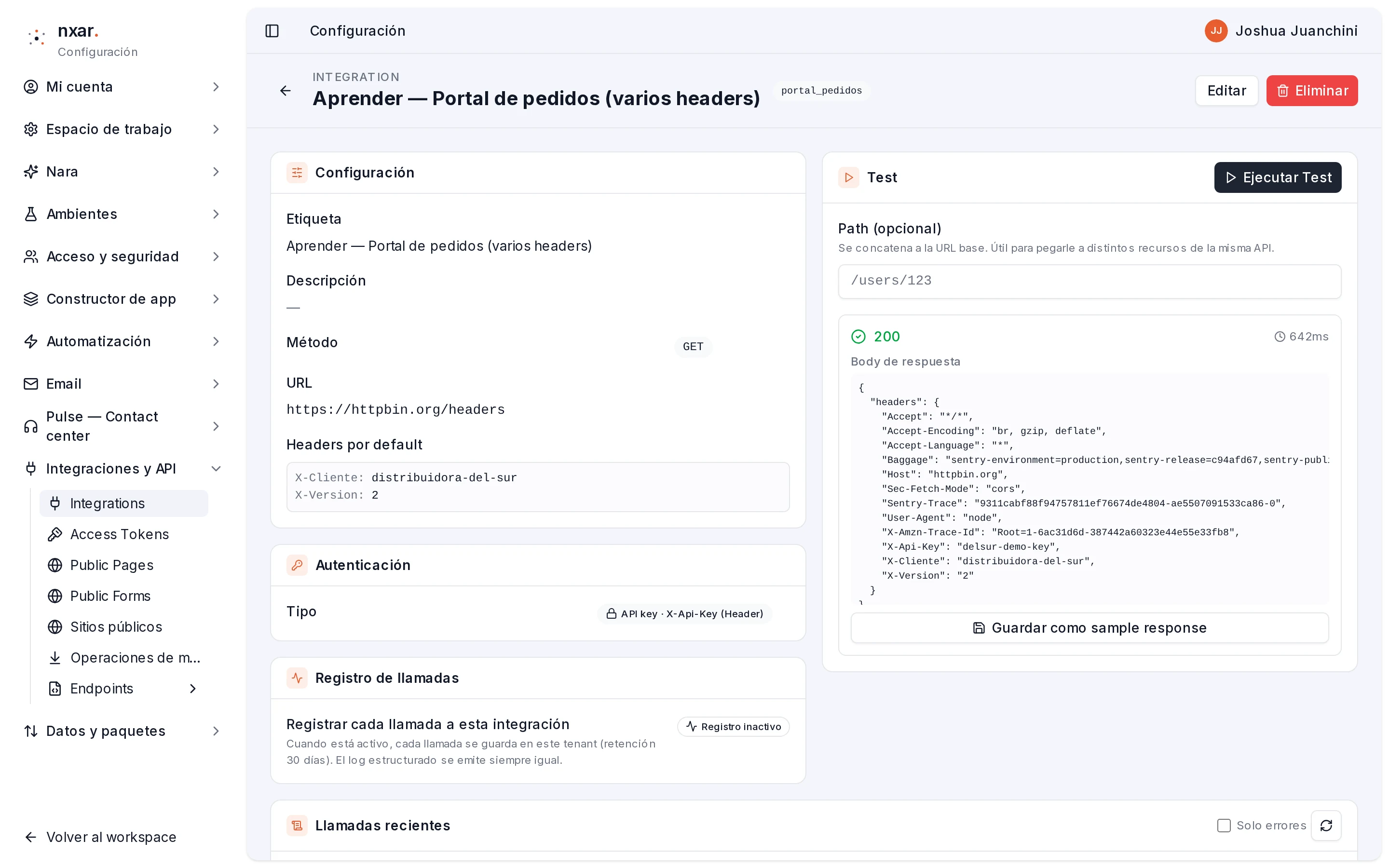 Test en 200 con la respuesta de httpbin mostrando X-Api-Key, X-Cliente y X-Version