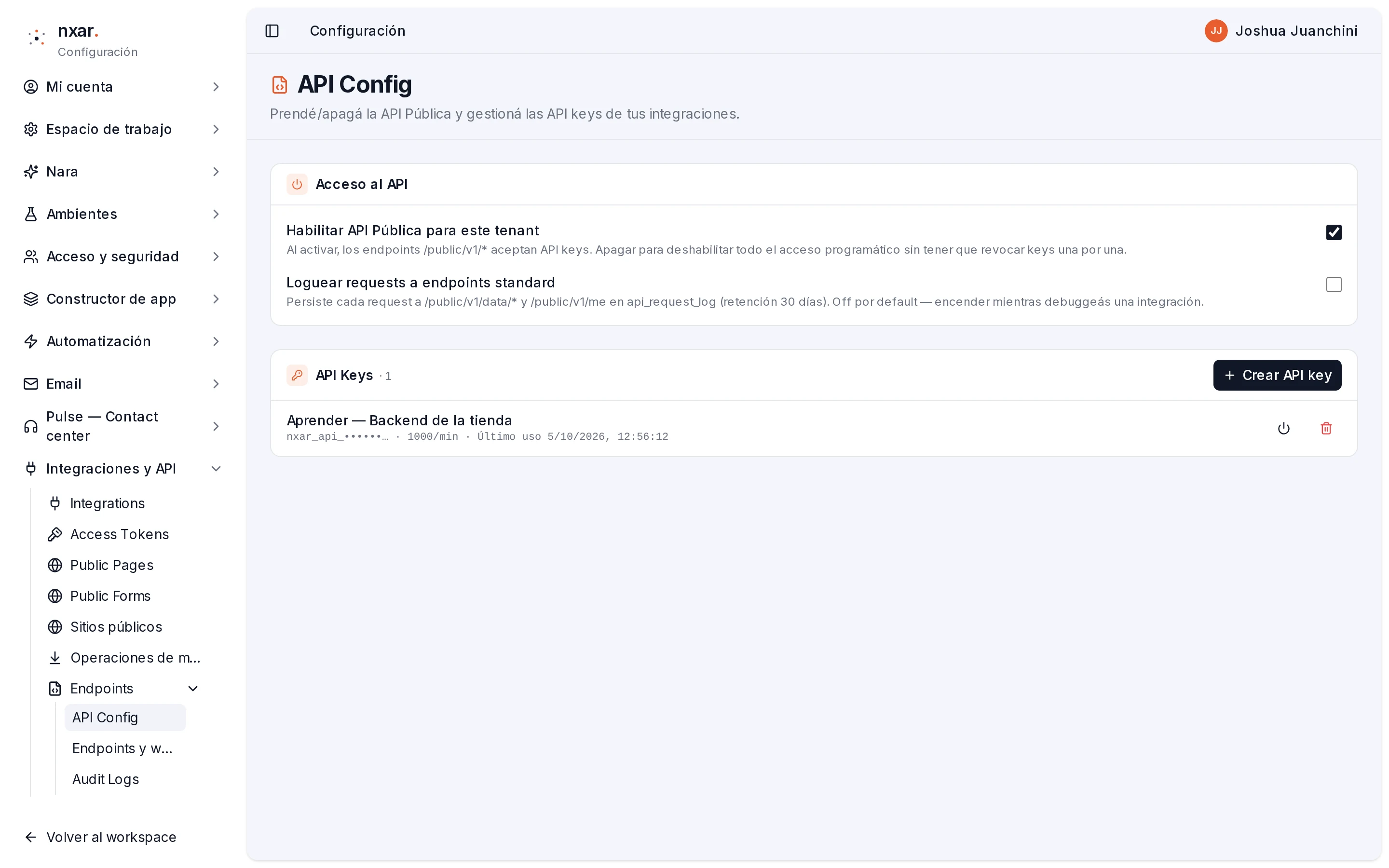 API Config con la API habilitada y la key Backend de la tienda con su último uso