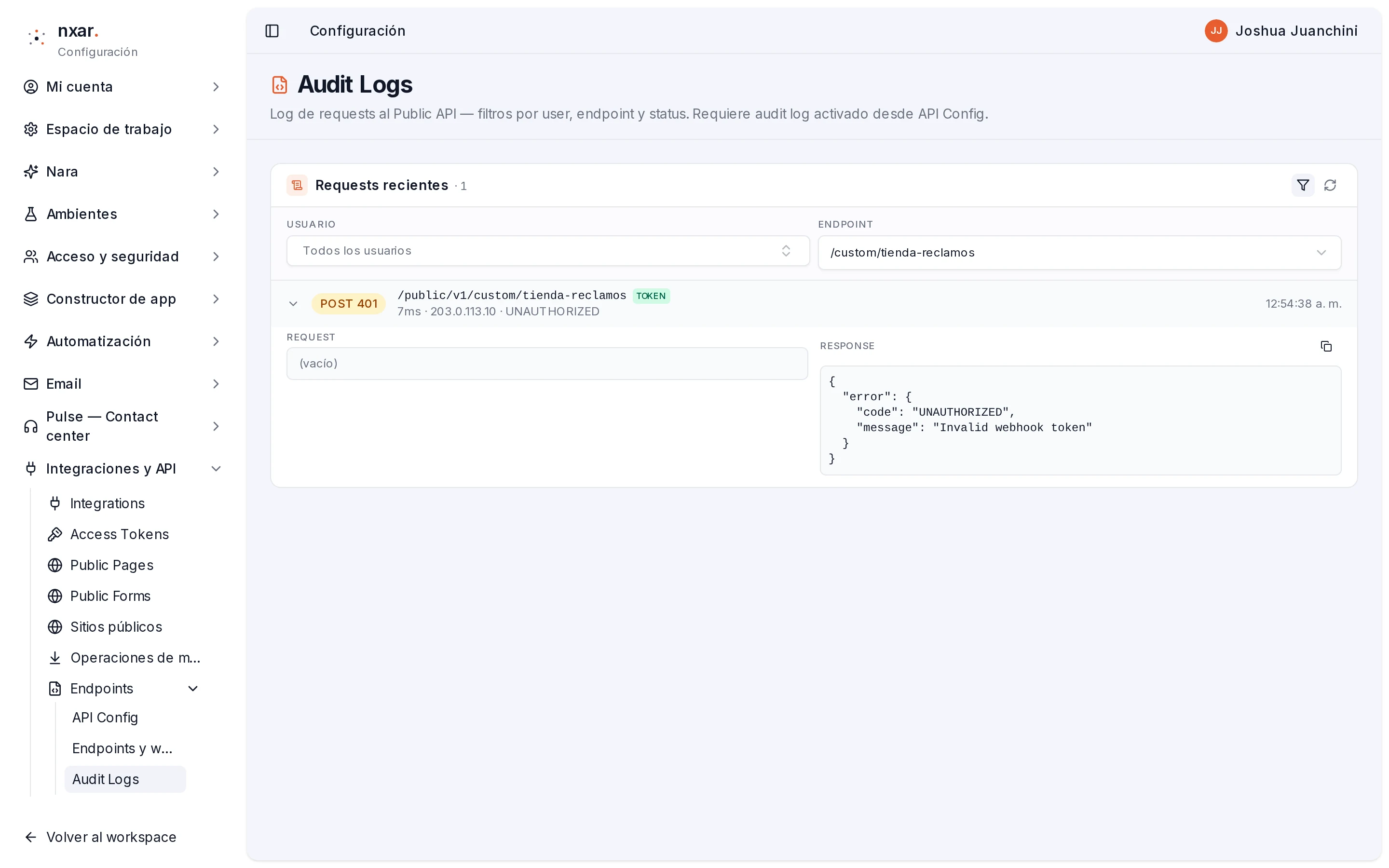 Audit Logs filtrado por tienda-reclamos mostrando sólo una llamada POST 401 expandida