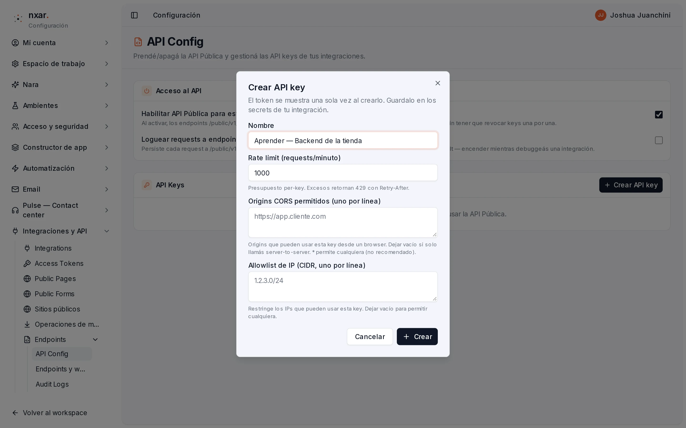 Diálogo Crear API key con el nombre Backend de la tienda y el rate limit en 1000