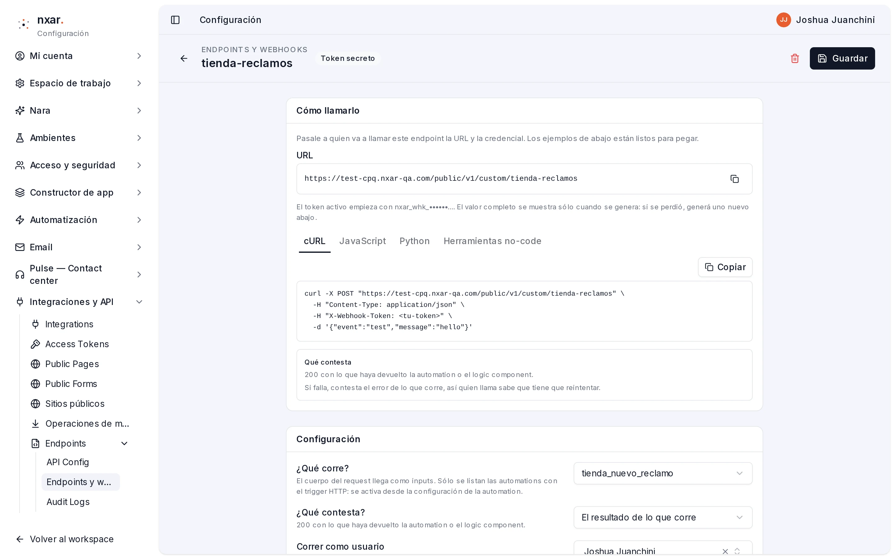 Vista del endpoint tienda-reclamos con la URL, el aviso del prefijo del token y la pestaña cURL