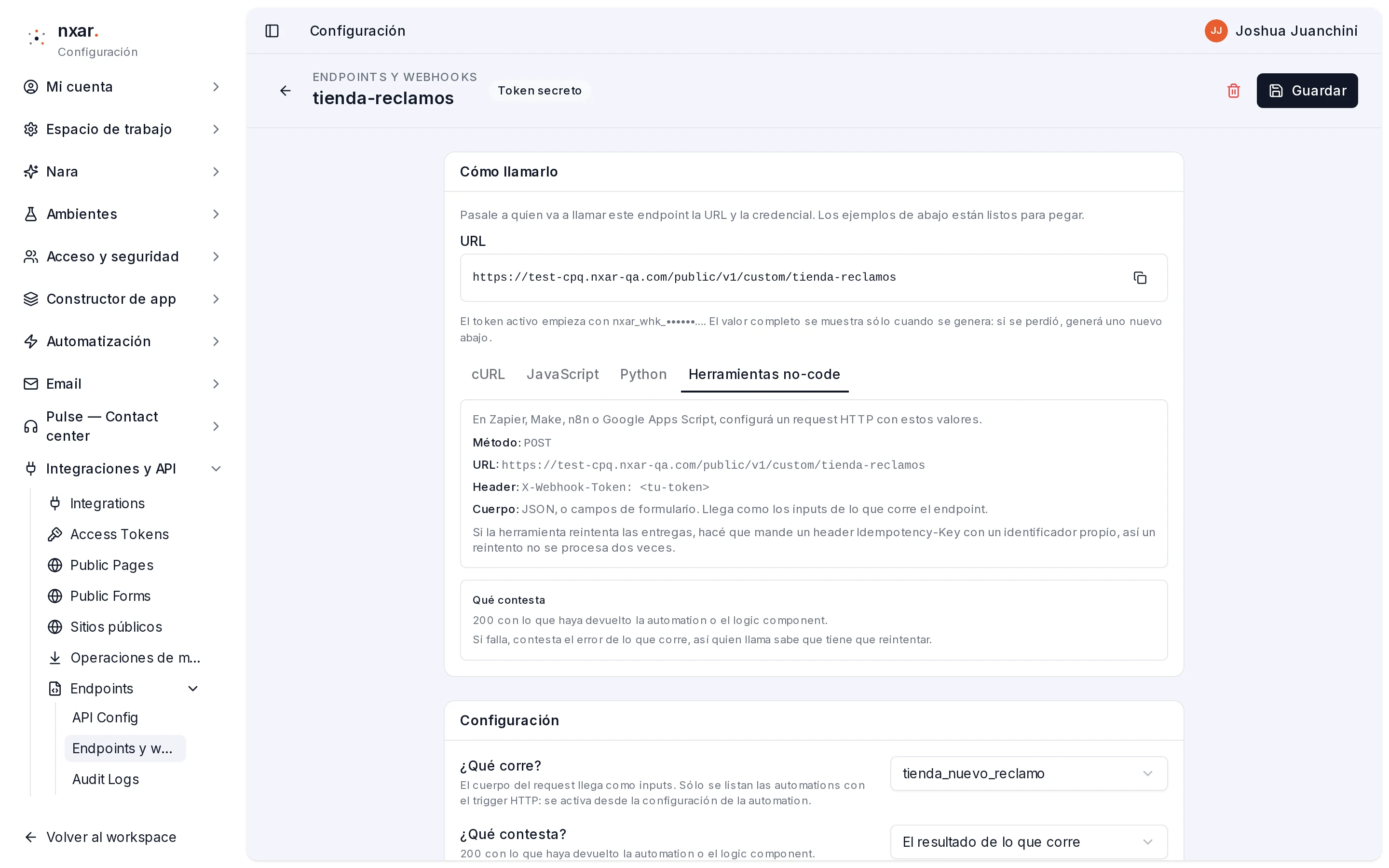 Pestaña Herramientas no-code con método, URL, header y cuerpo
