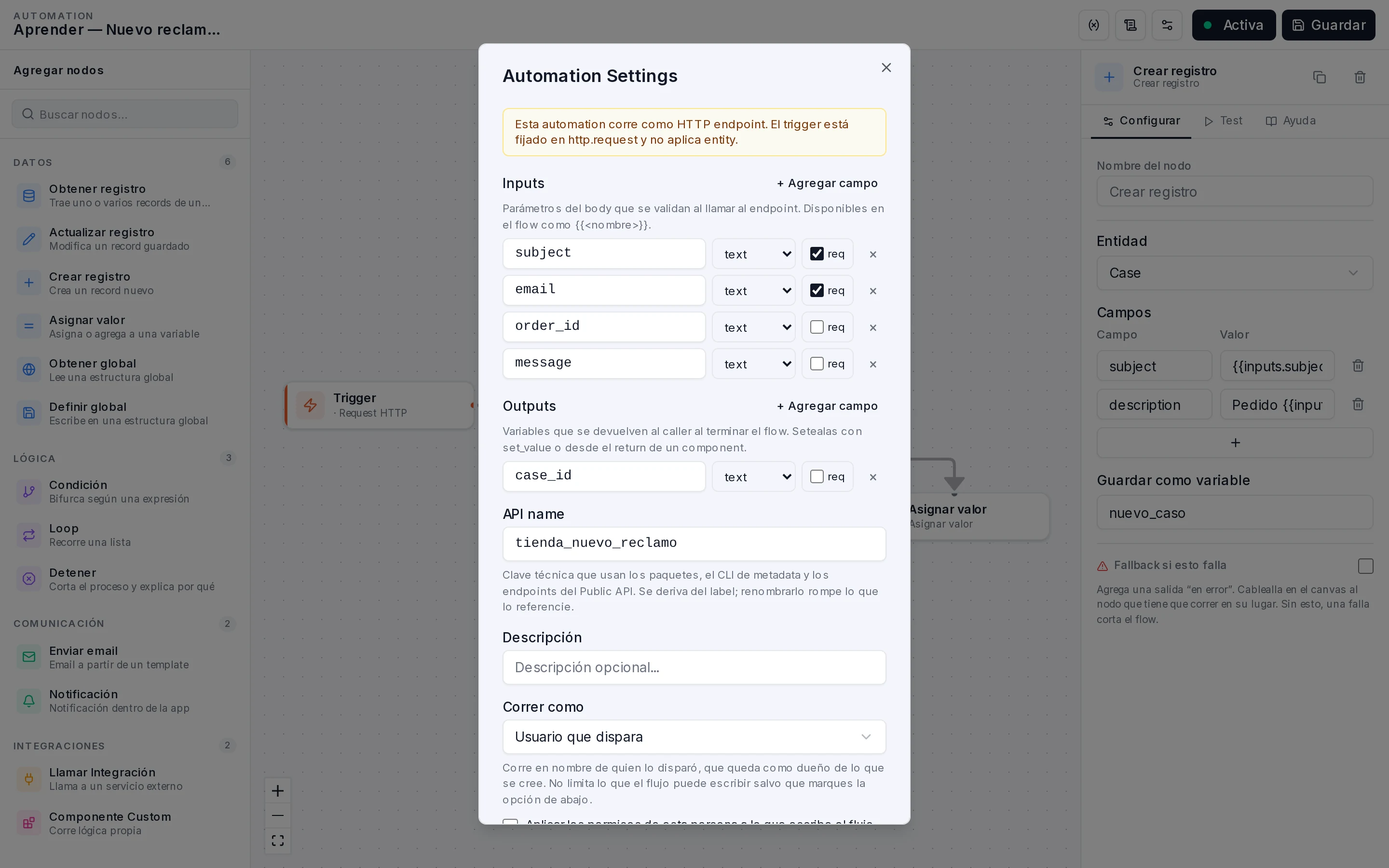 Diálogo de configuración de la automation con el aviso de endpoint HTTP y los editores de Inputs y Outputs
