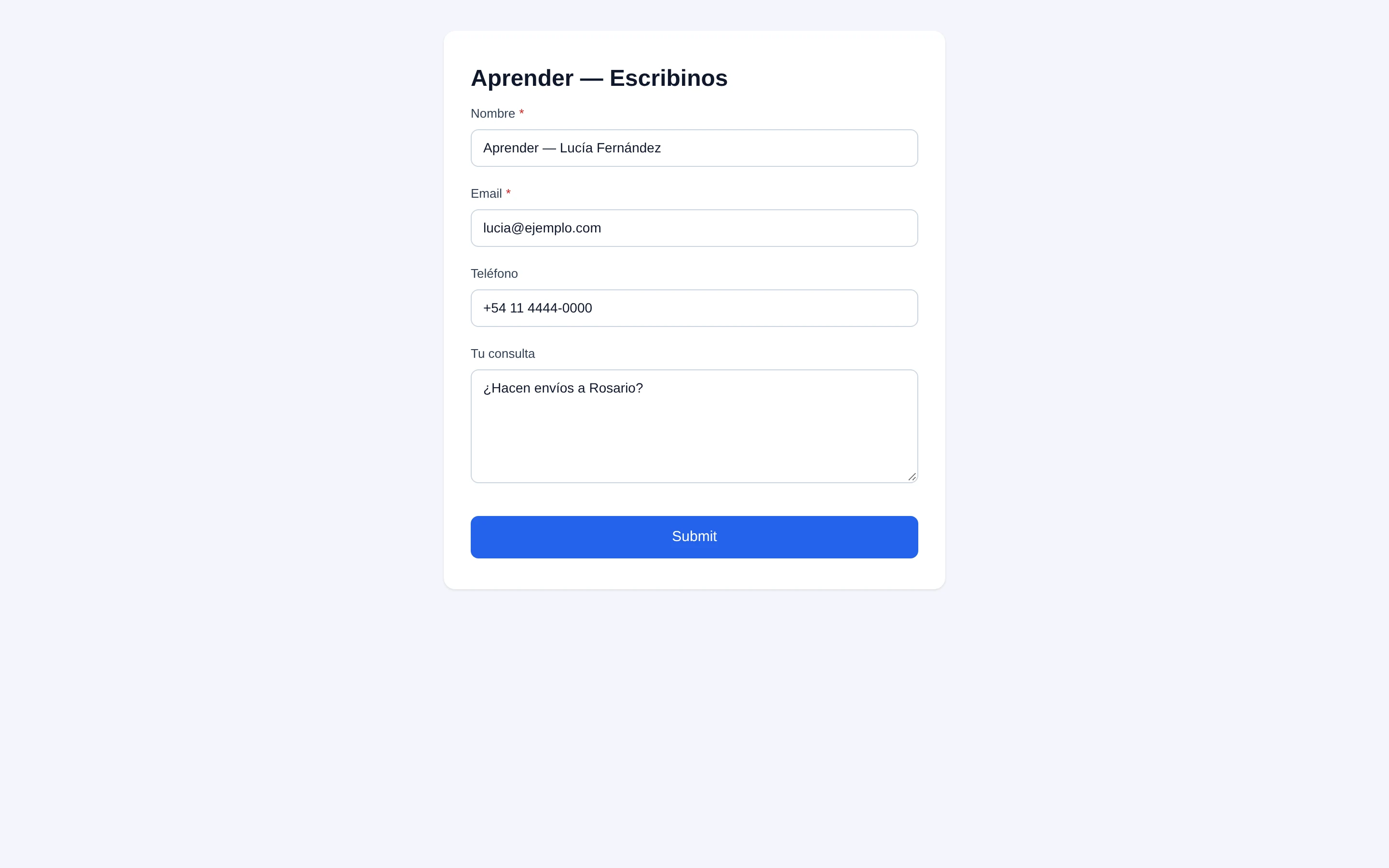 Formulario Escribinos publicado, con los campos Nombre, Email, Teléfono y Tu consulta