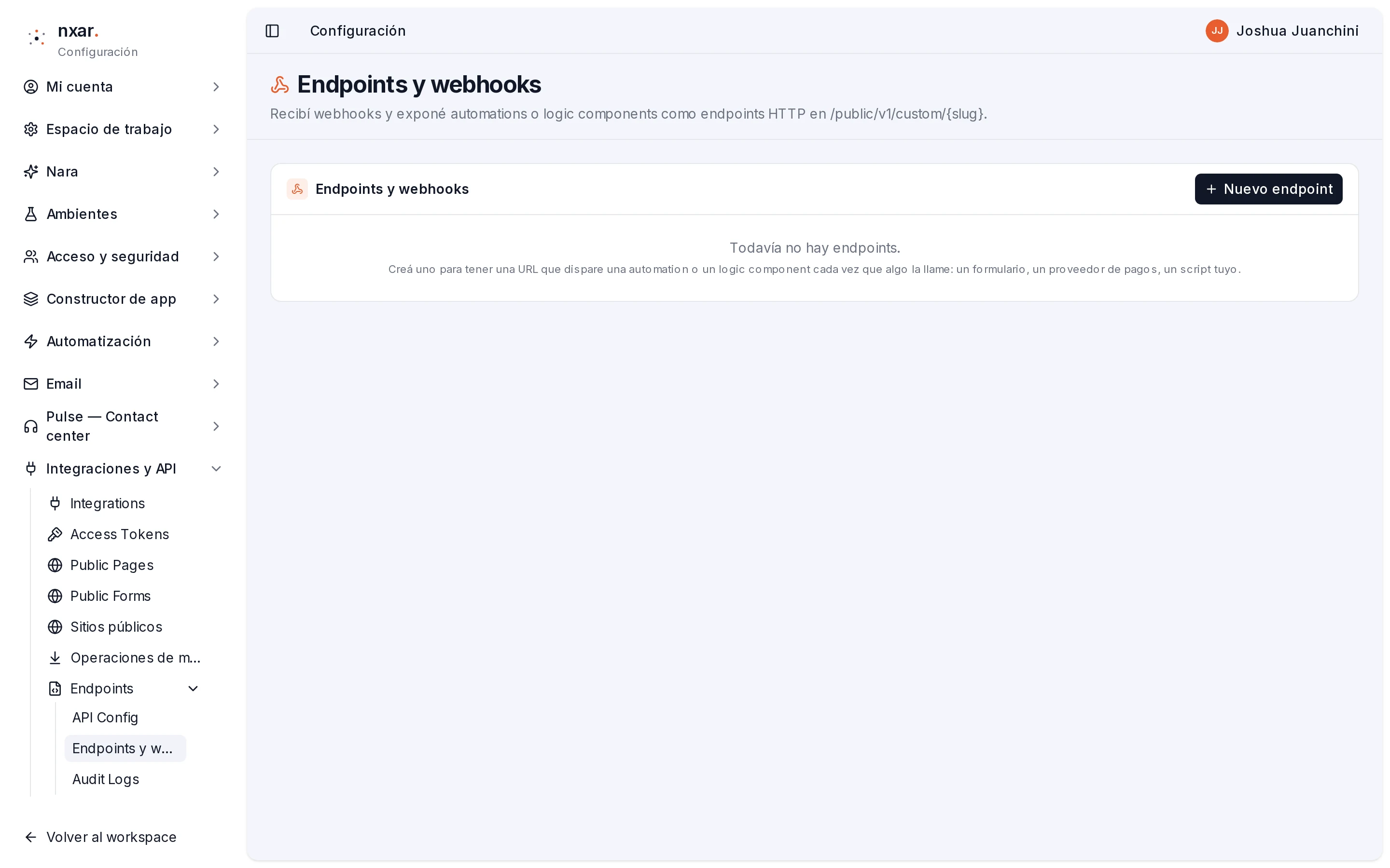 Menú de Configuración con el grupo Integraciones y API abierto