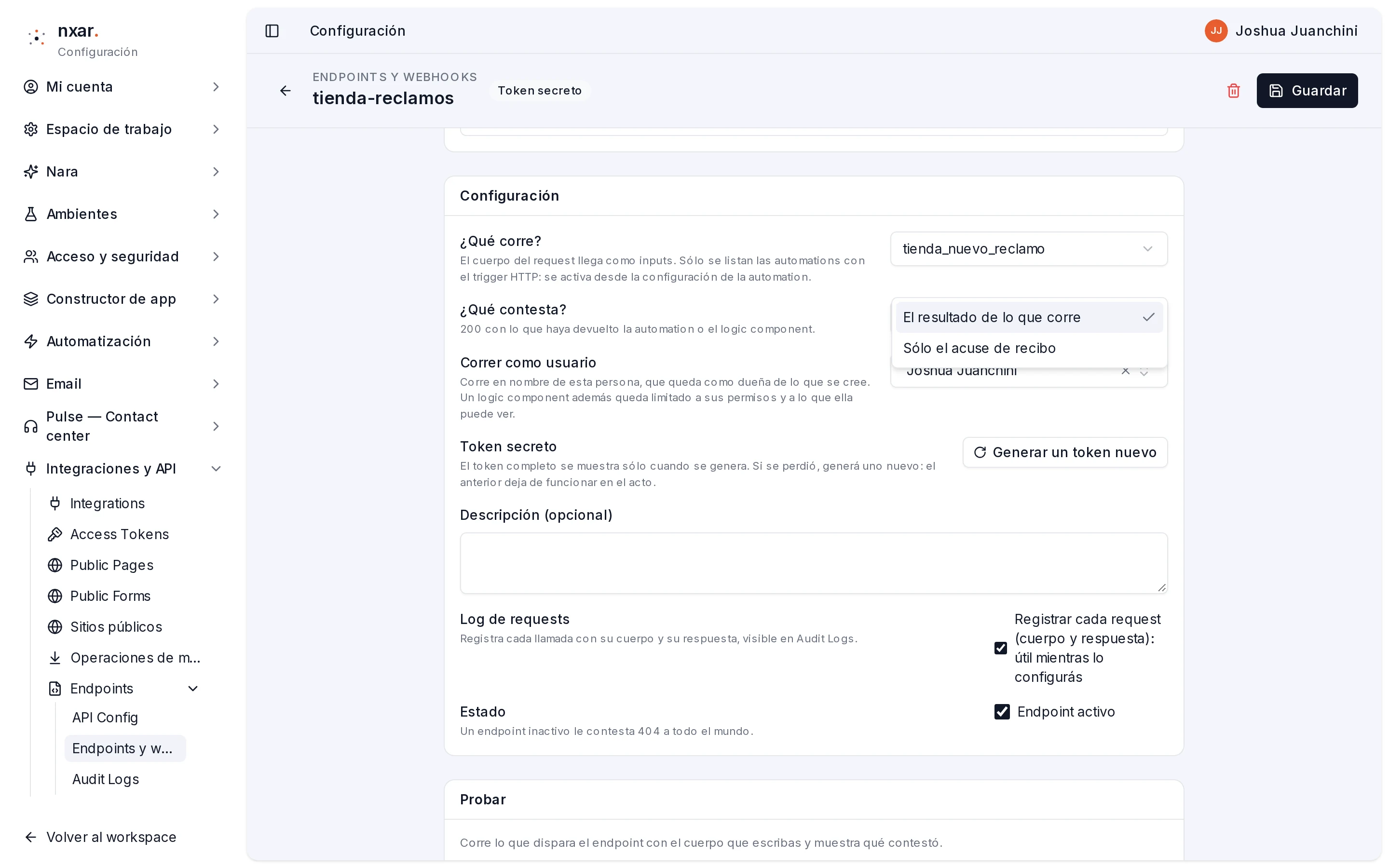 Bloque Configuración del endpoint con el selector Qué contesta abierto